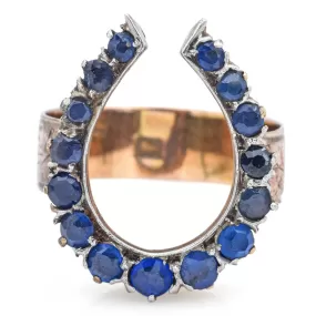 Antique 14K Yellow Gold Sapphire & Blue Quartz Horseshoe Ring Size 6.25