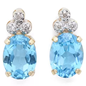 Estate 14K Yellow Gold Blue Topaz & Diamond Stud Earrings