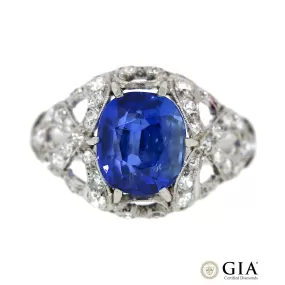 GIA Certified No Heat Blue Sapphire & Diamond Ring Size 5