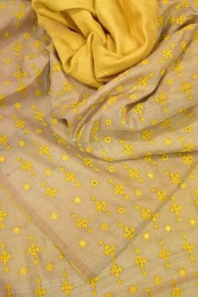 Golden Sand and Yellow Color Tussar Silk Saree with Gujarati Hand Embroidery and Mirror Work