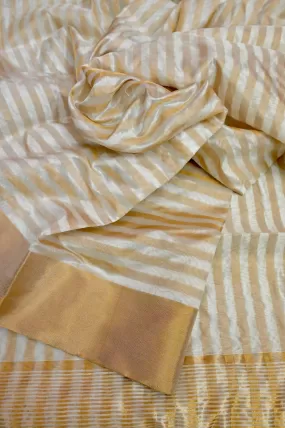 Offwhite Color Chanderi Banarasi Saree with Golden Stripe Zari Work