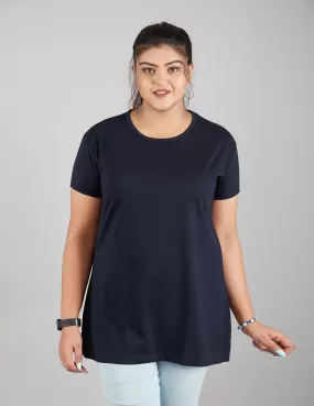 Plus Size Plain Cotton T-Shirt For Women - Navy Blue