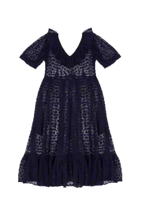 Ruffle May Dress in Midnight Blue Flocked Star