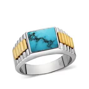 Solid 925 Sterling Silver Men's Ring Genuine Blue Turquoise Stone Ring