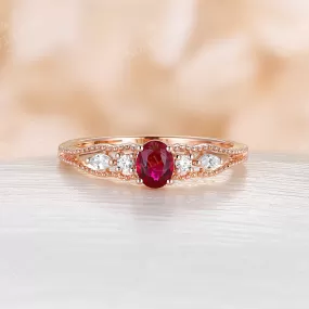 Vintage Oval Lab Ruby Milgrain Engagement Ring Rose Gold