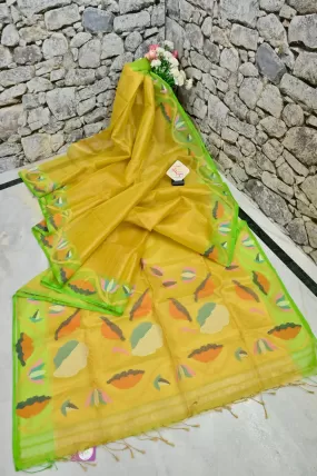 Yellow and Green Tissue Muslin Jamdani Saree